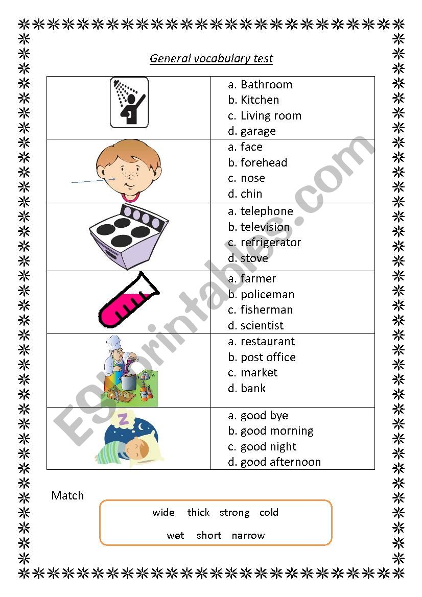Vocabulary test worksheet