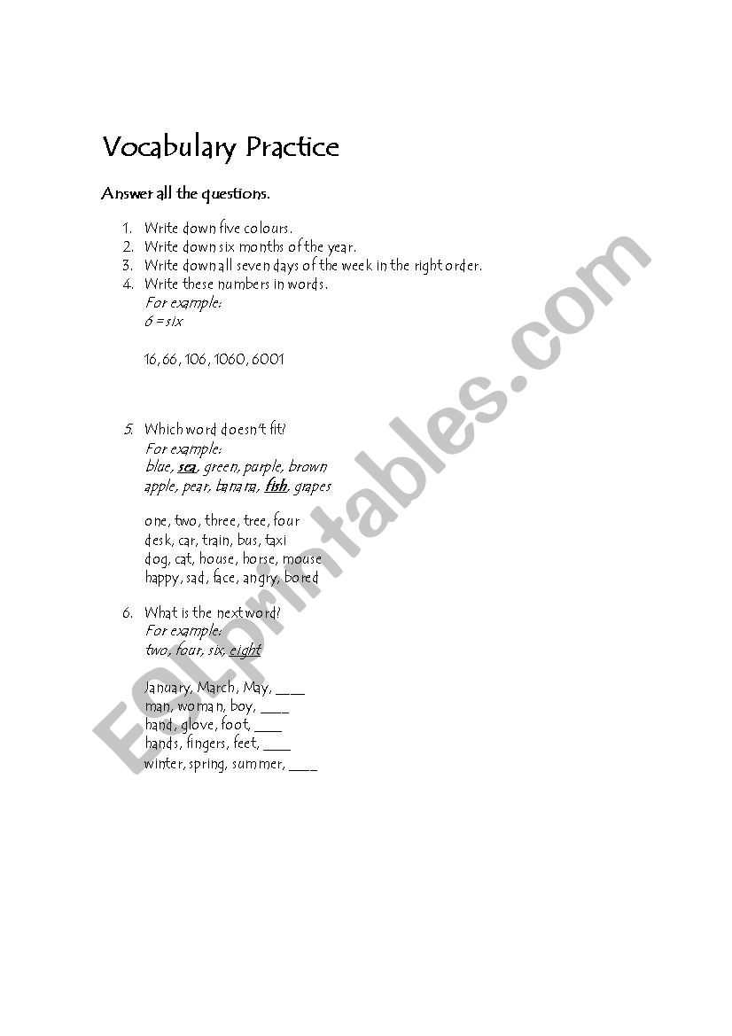 Vocabulary Practice worksheet