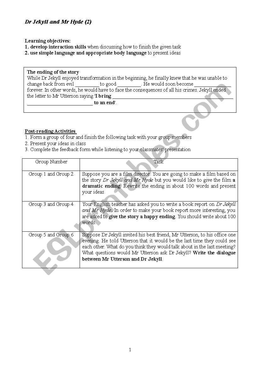 Group activities to teach Jekyll and Hyde