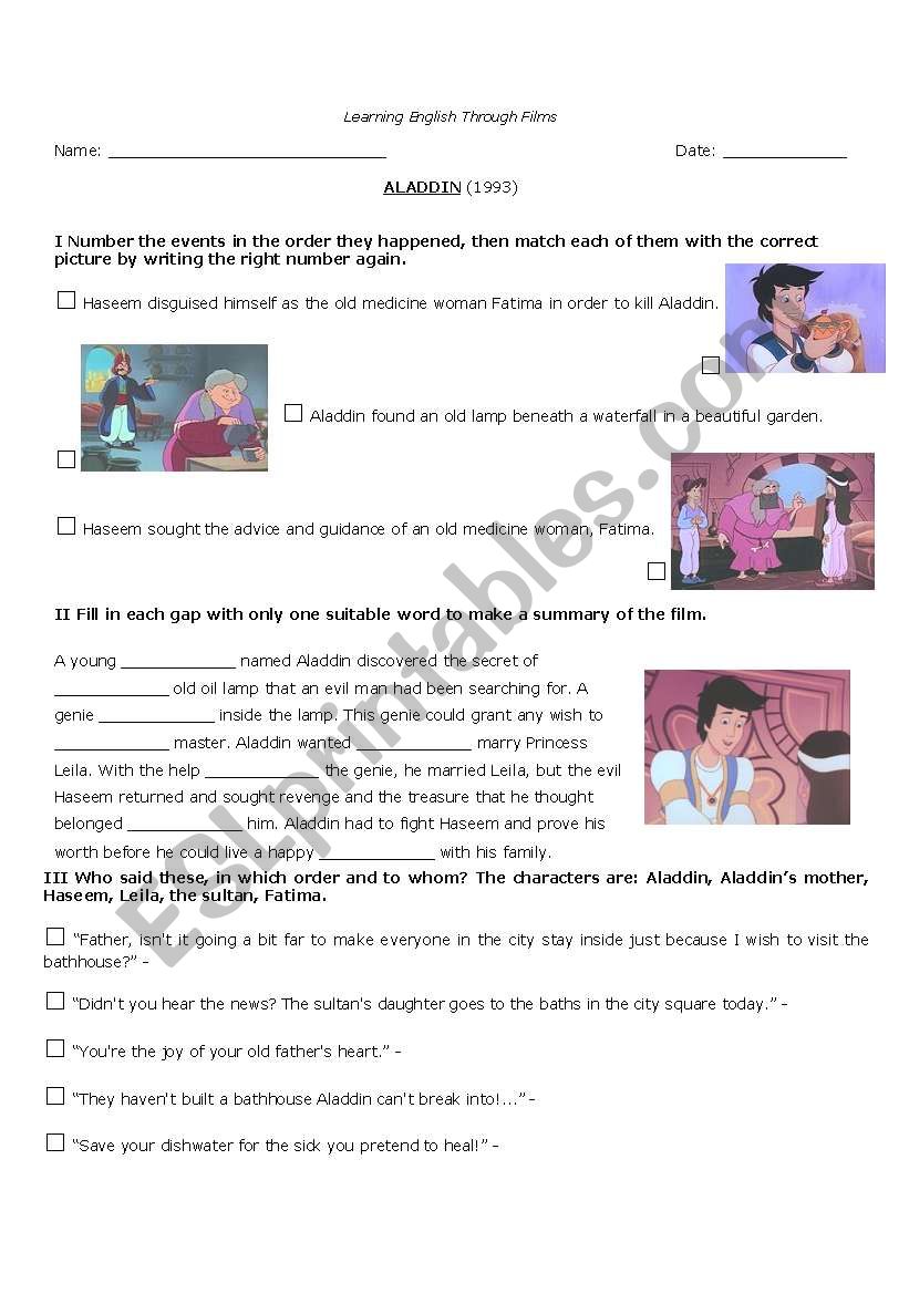 Aladdin (1993) worksheet