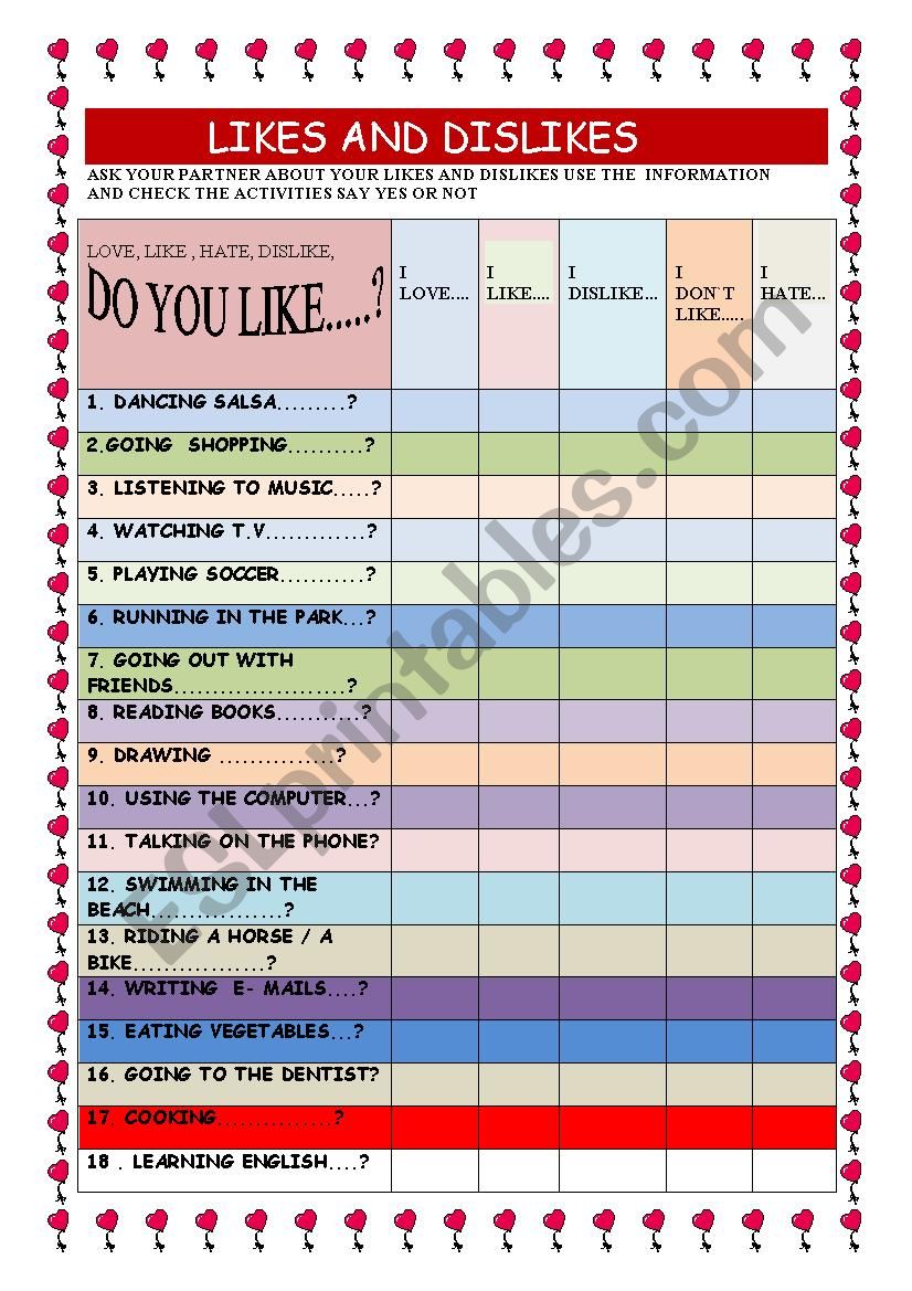 likes and dislikes worksheet