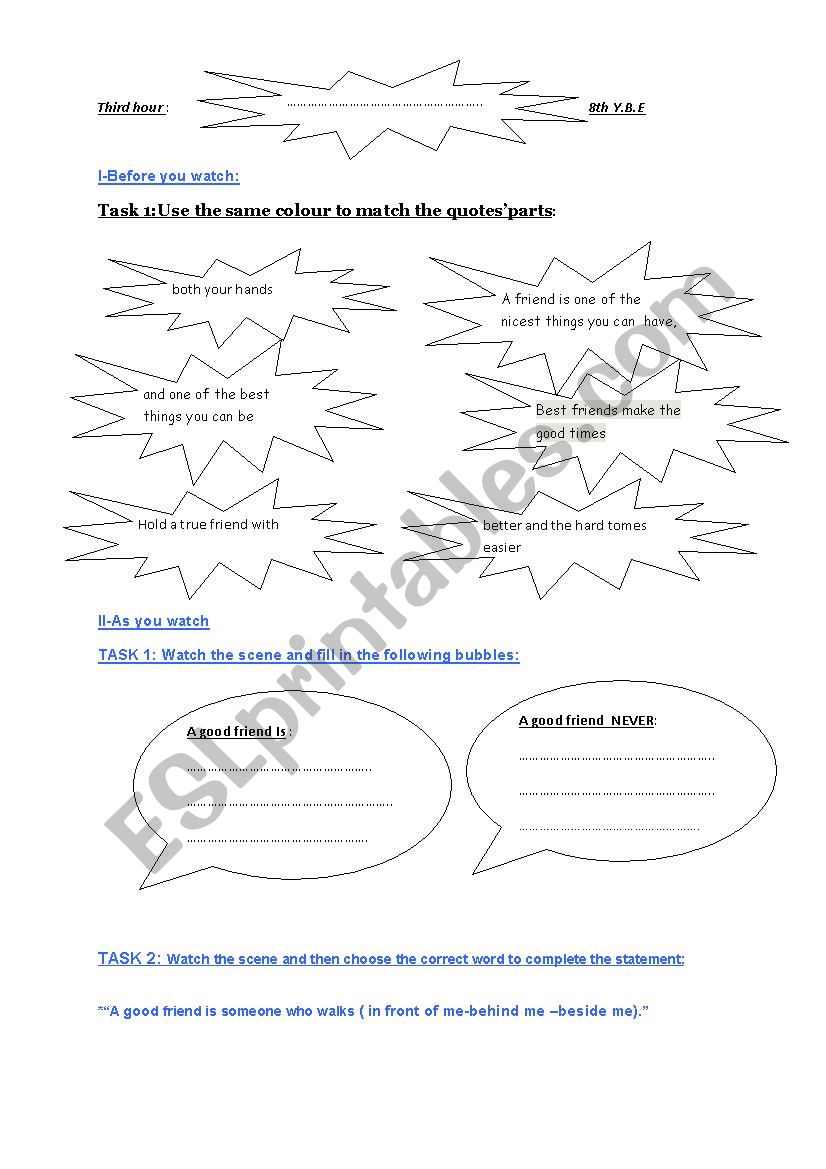 lesson -plan and a worksheet about friends third hour 8th formers