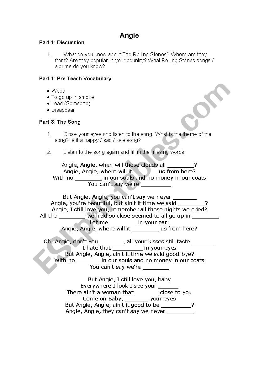 The Rolling Stones Angie worksheet