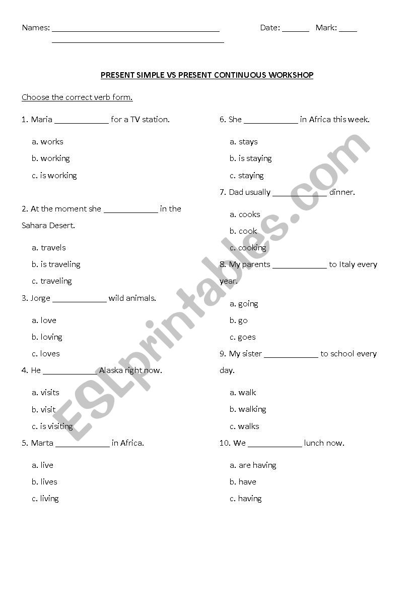 Present simple vs continuous workshop