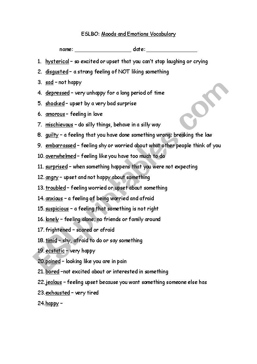 Moods and Emotions vocabulary worksheet