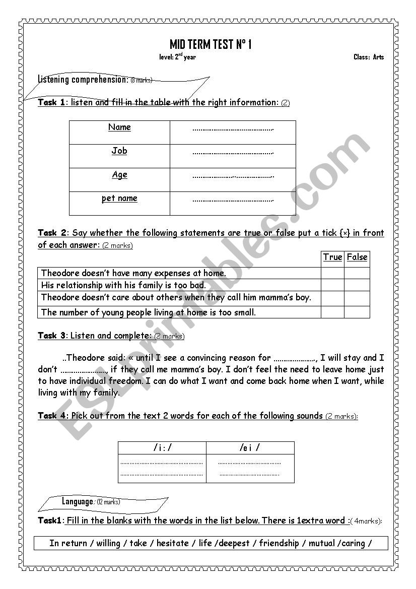 Mid term test 1 level 2 worksheet