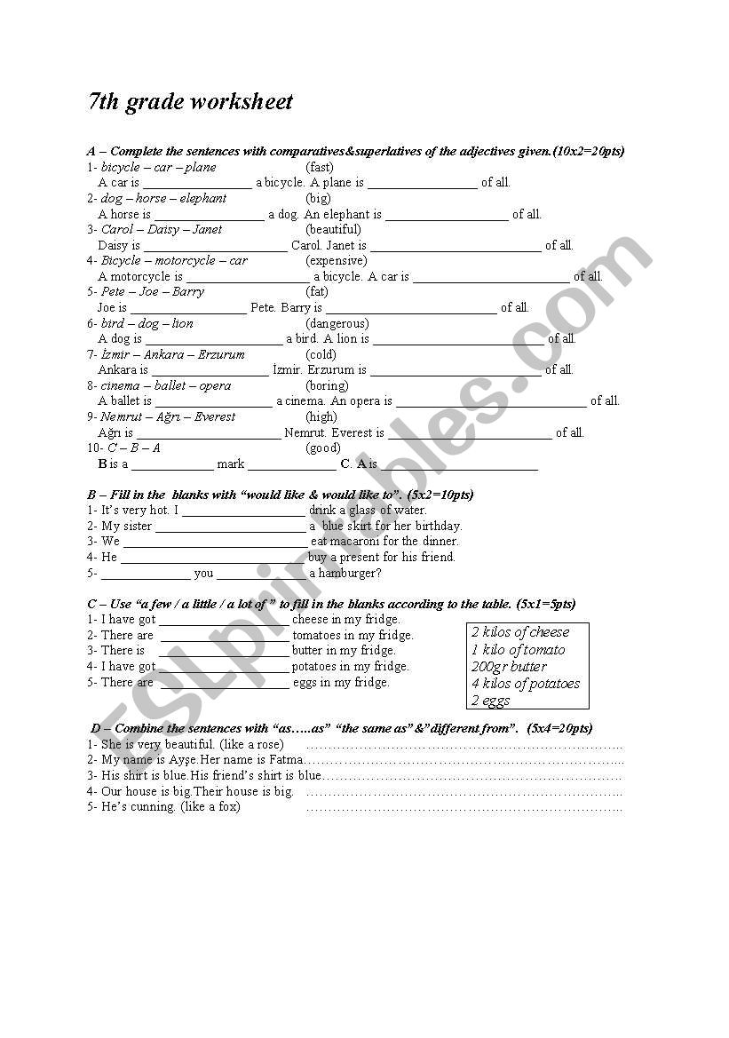 worksheet for 7th grades  worksheet