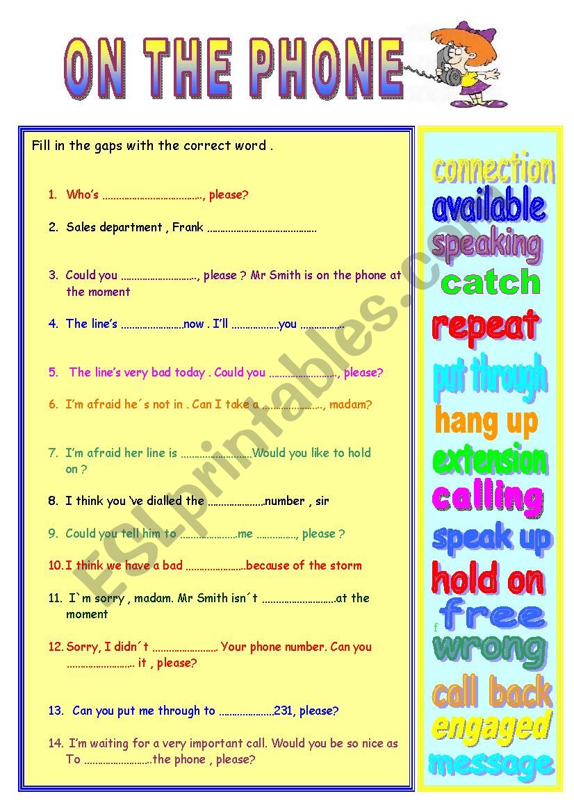 ON THE PHONE ESL Worksheet By Florimago