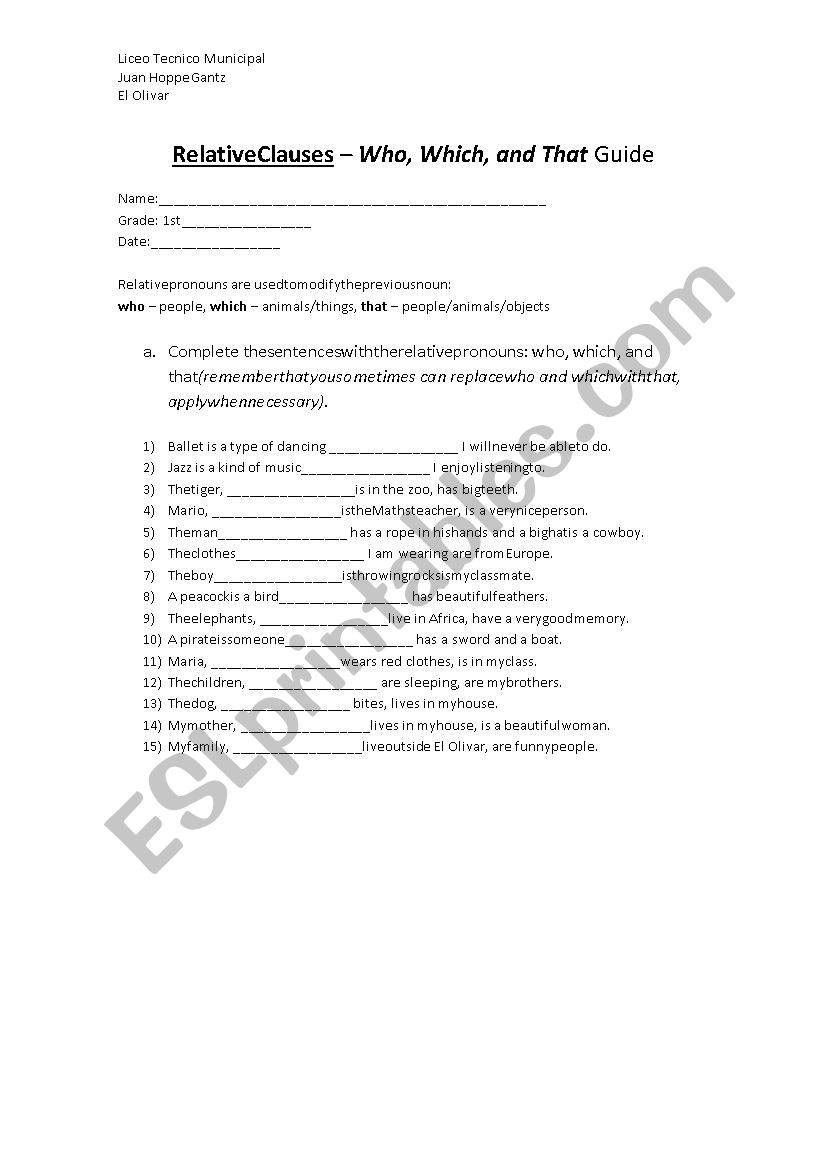 Relative Clauses Guide worksheet