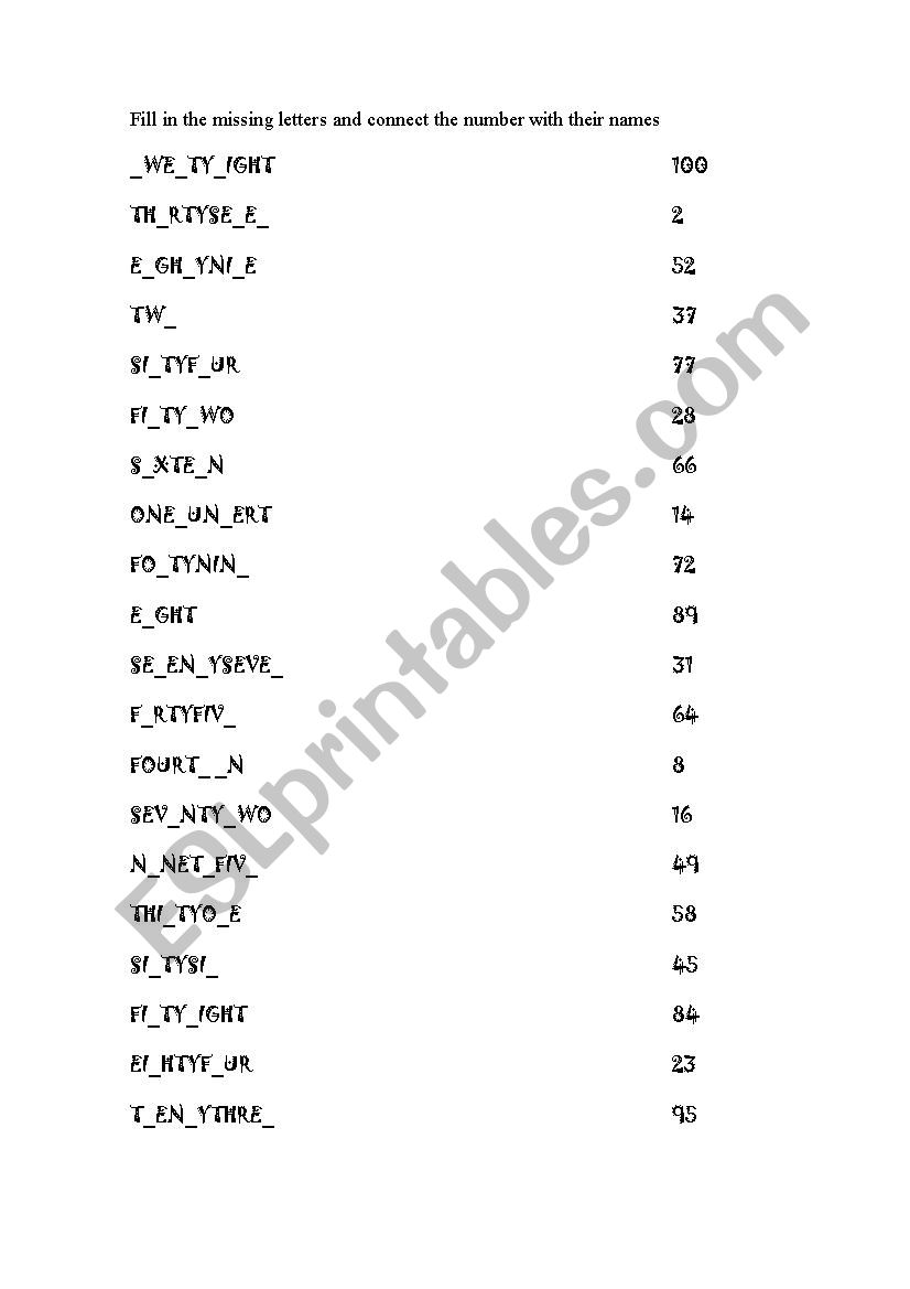 Work sheet fill in gap numbers 2