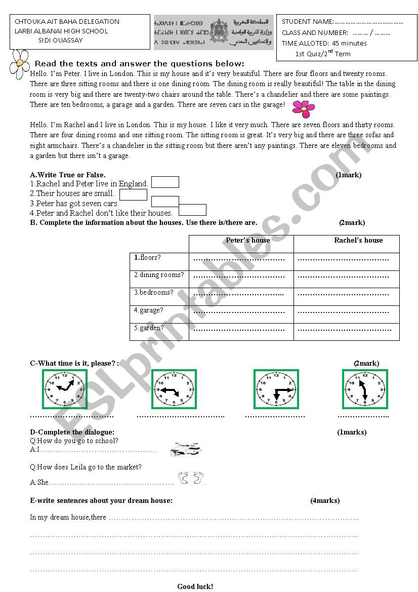 Quiz on parts of the house and telling the time