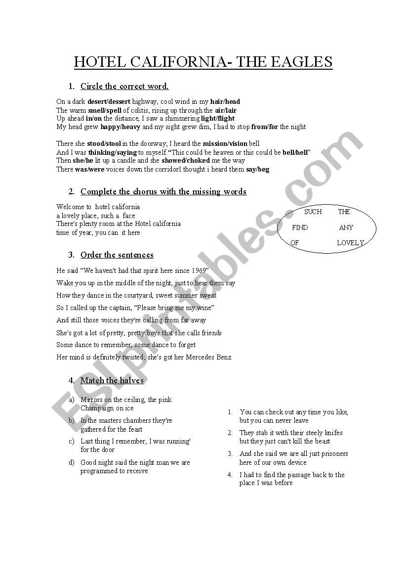 Hotel California worksheet