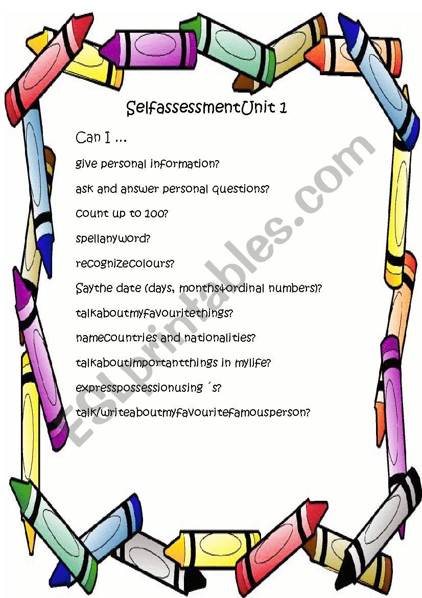 Student Self Assessment Sheet worksheet