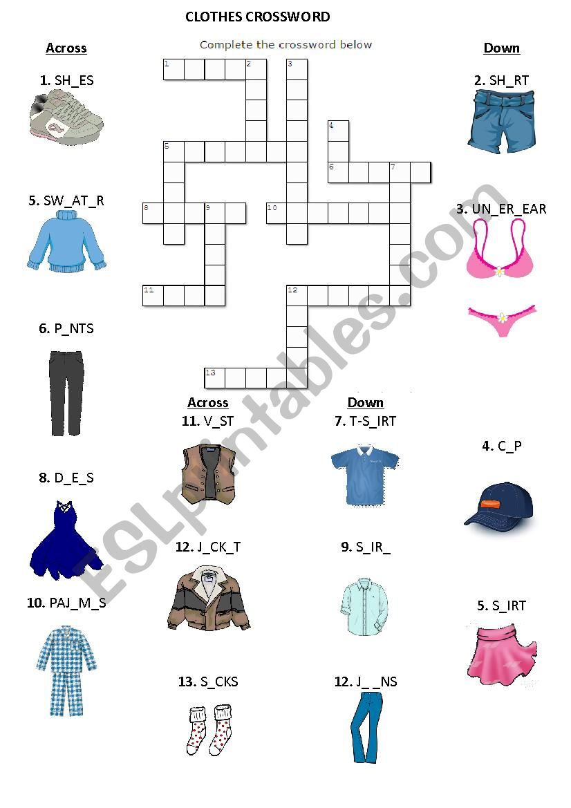 Clothes crossword worksheet