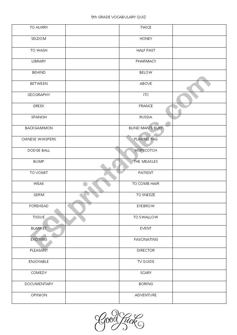 5th GRADE VOCABULARY QUIZ FOR TURKISH STUDENTS