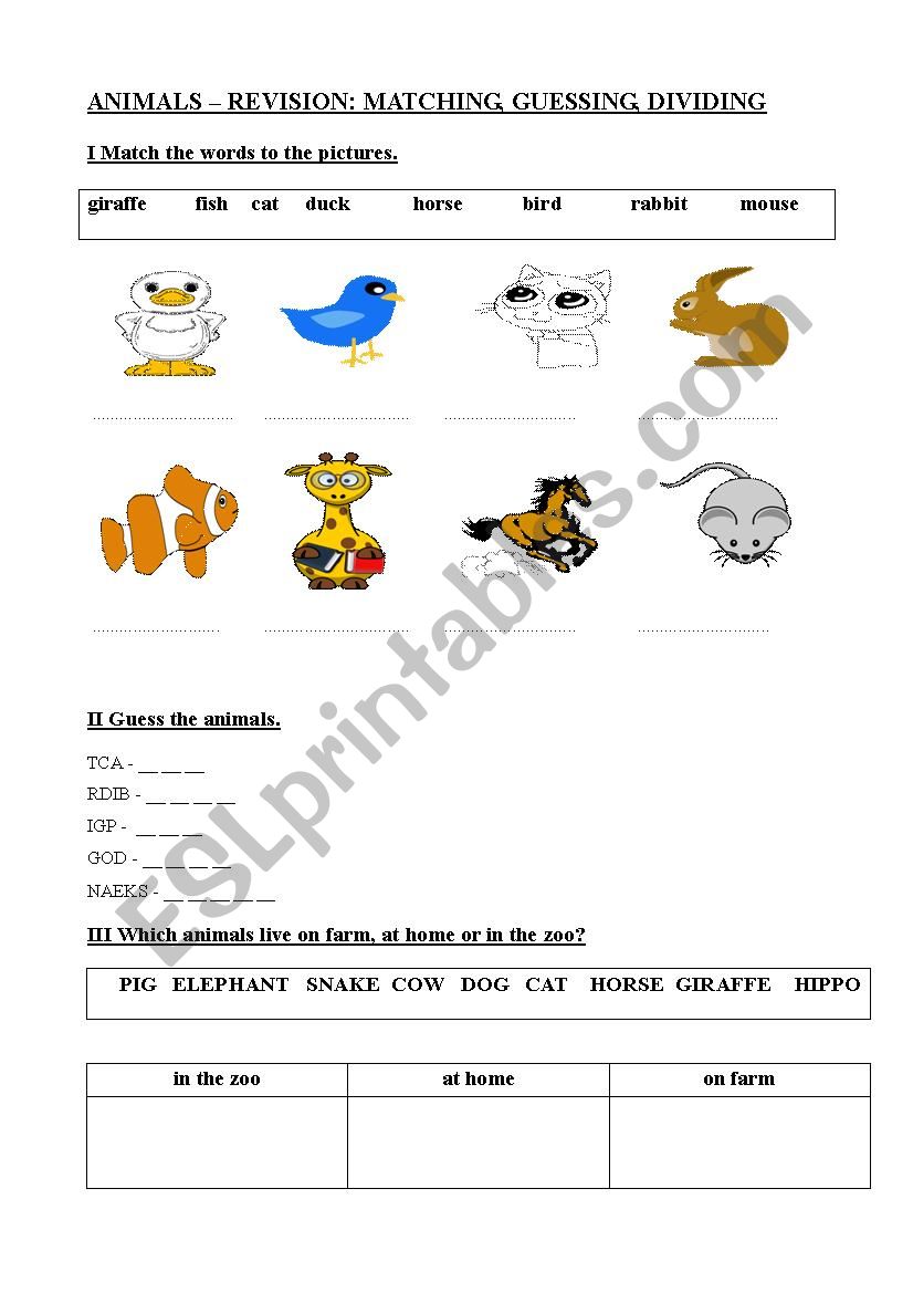 ANIMALS - revision via matching, guessing and grouping