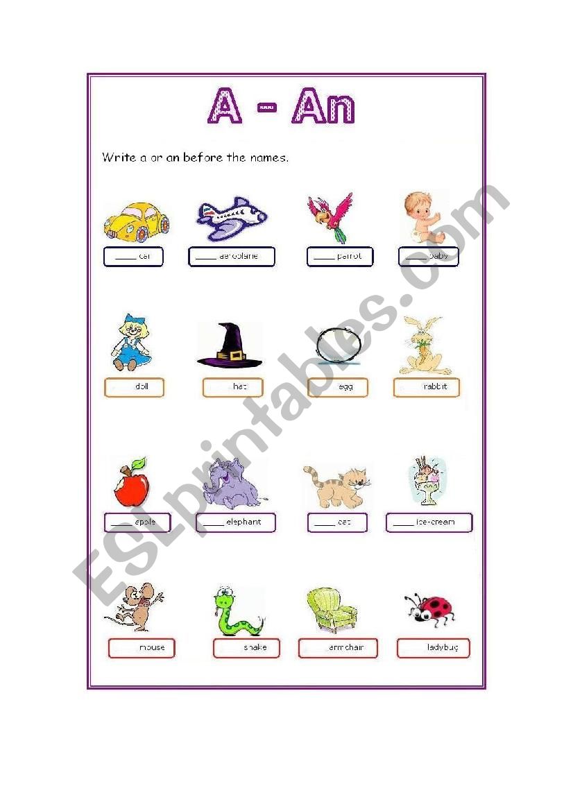 A OR AN KIDS worksheet