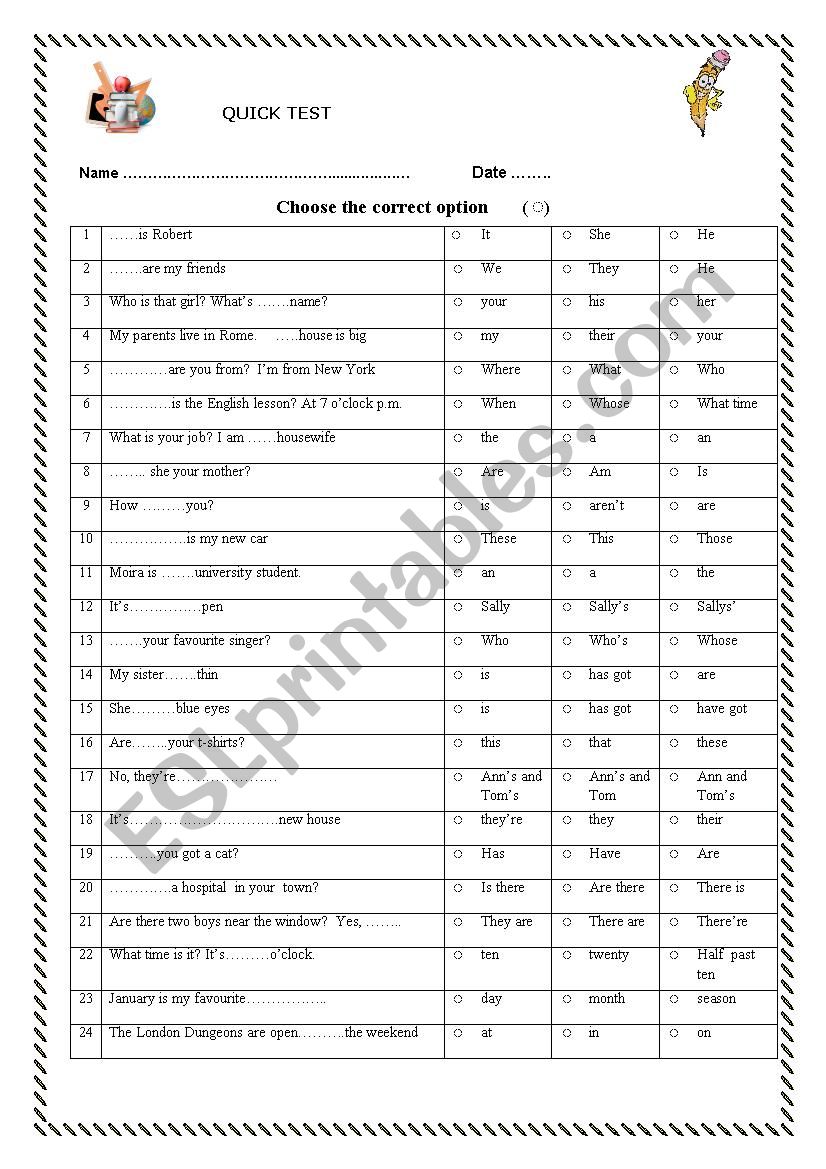 Quick Test worksheet