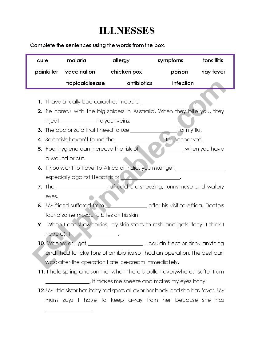 Illnesses worksheet