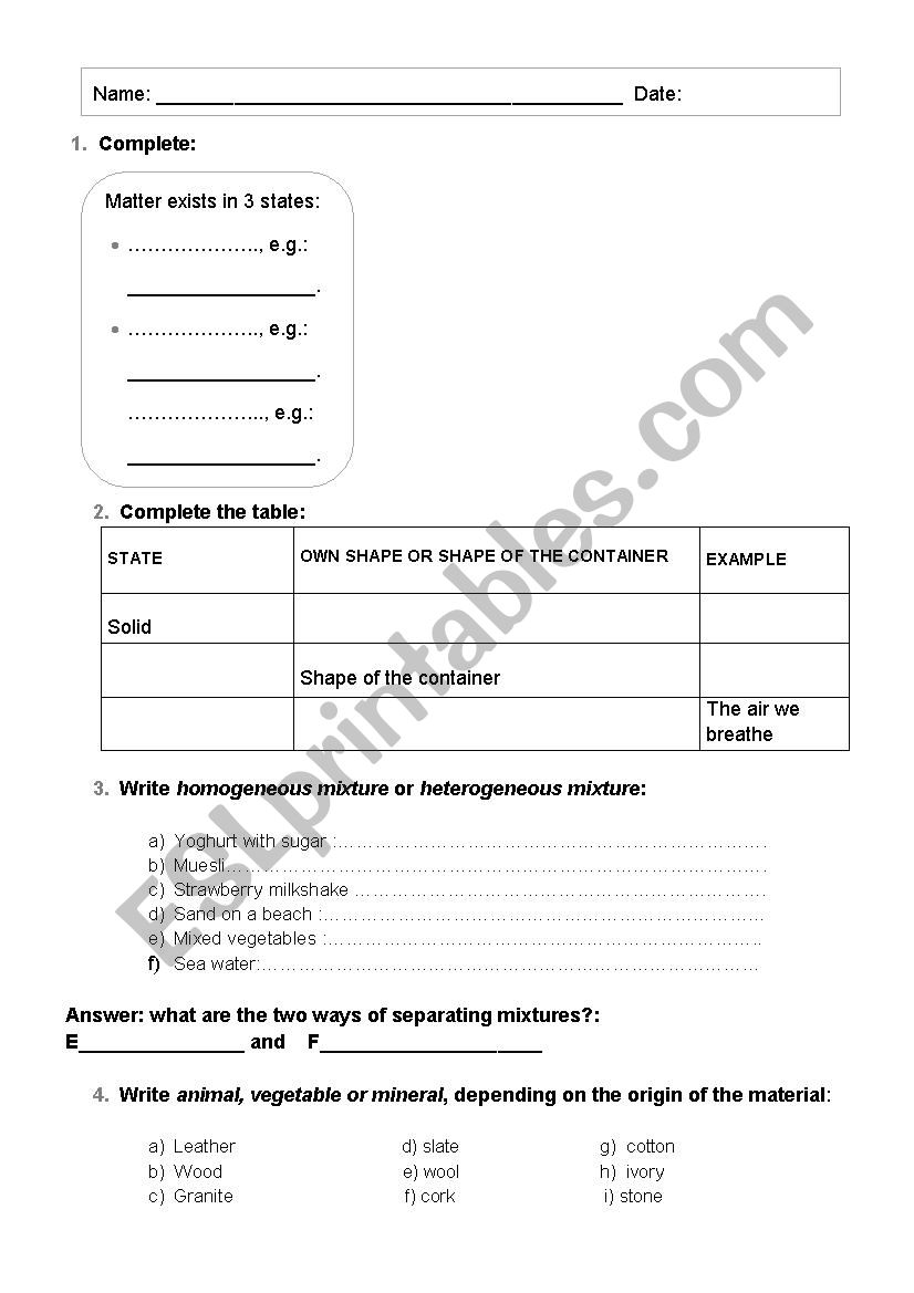 MATTER AND MATERIALS worksheet