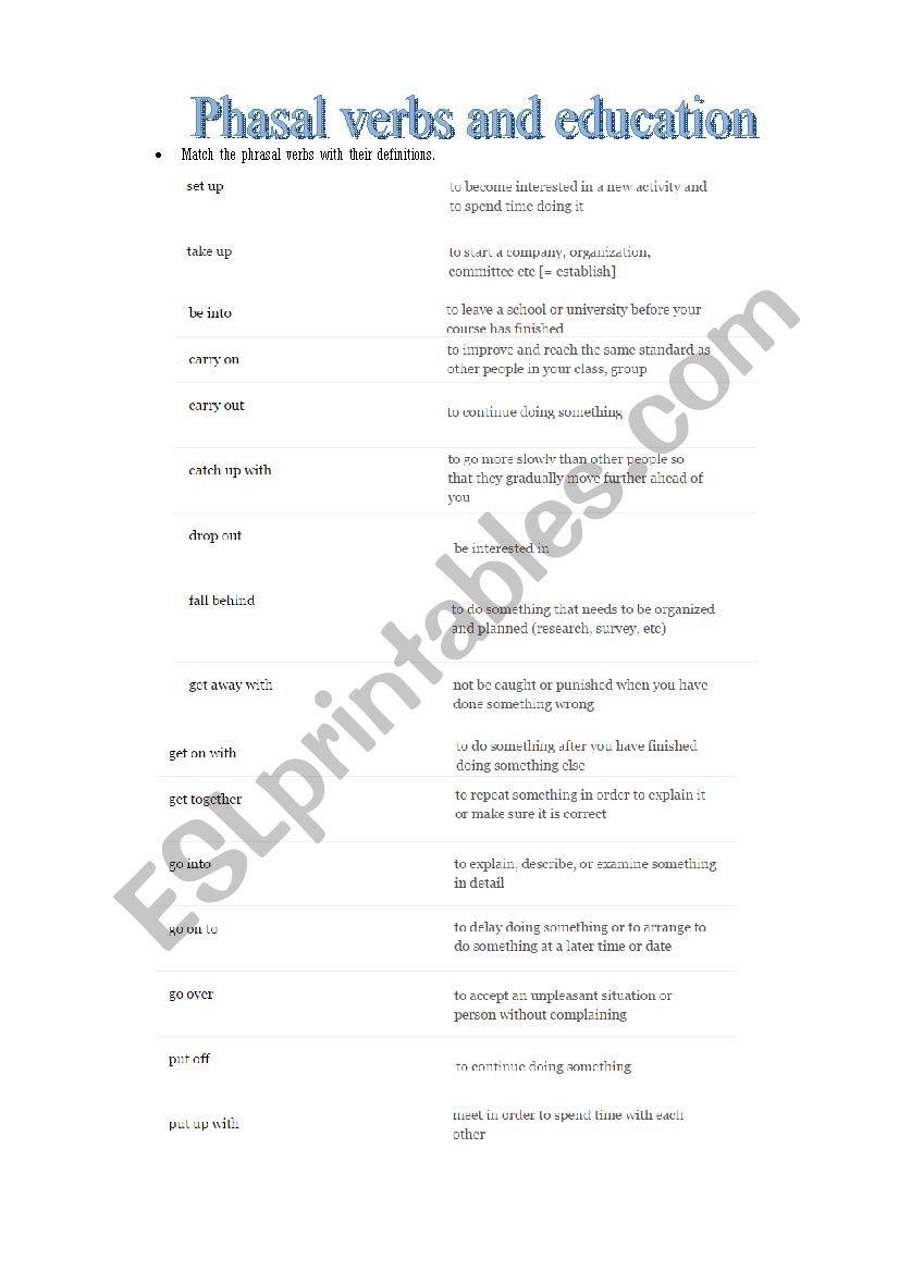 Prasal verbs and education worksheet