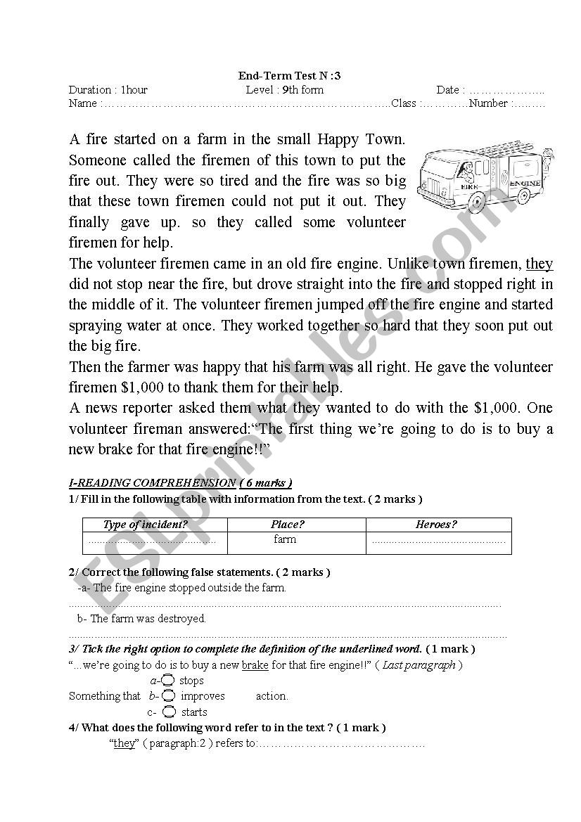 9th form End-Term Test for Tunisian Students