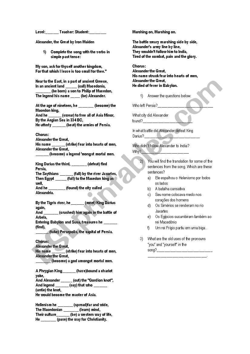 Song: Alexander, the Great - ESL worksheet by cristianeresende Pertaining To Alexander The Great Worksheet
