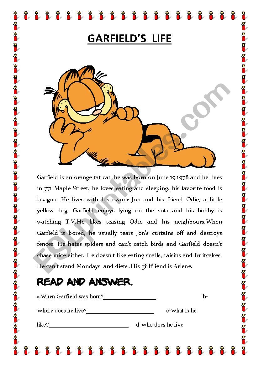 GARFIELDÂ´S LIFE worksheet