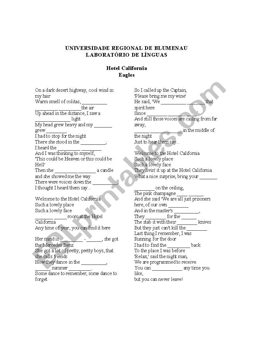 Eagles - Hotel California  worksheet
