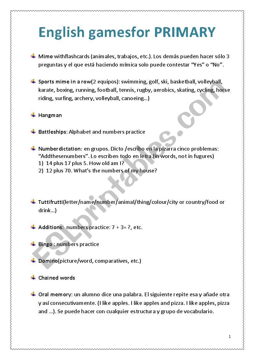 English games for Primary worksheet