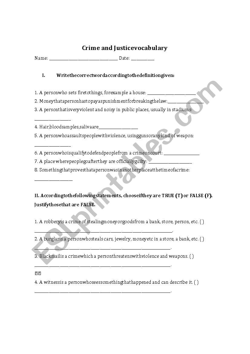 Crime and Justice Vocabulary worksheet