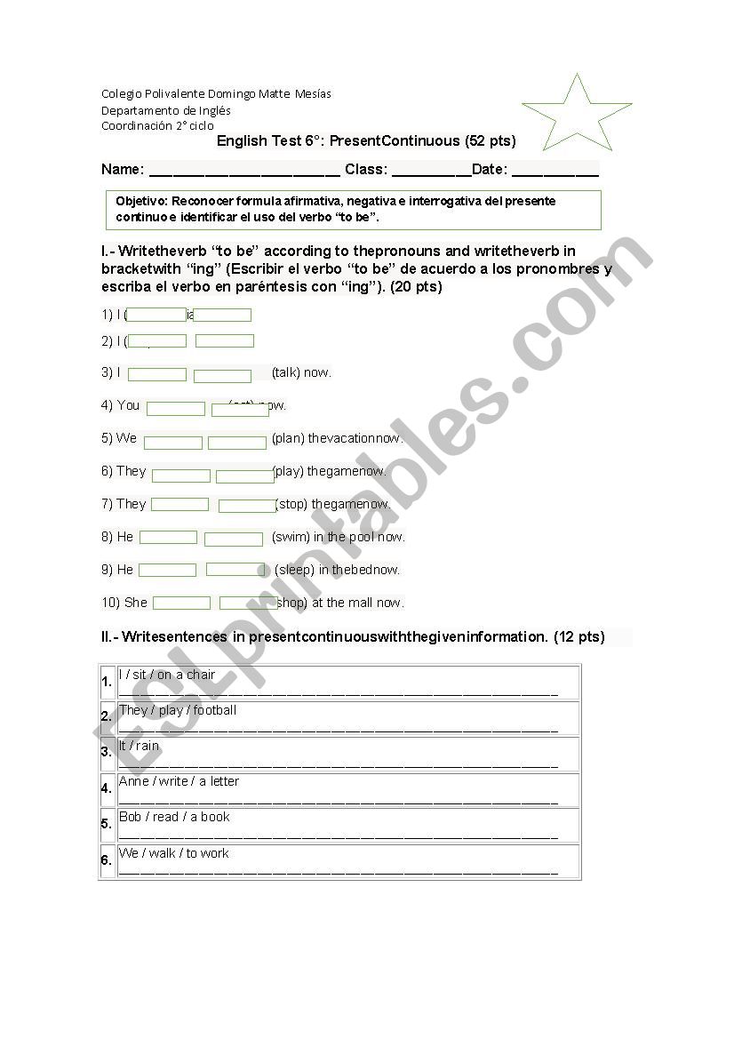 present continuous test worksheet
