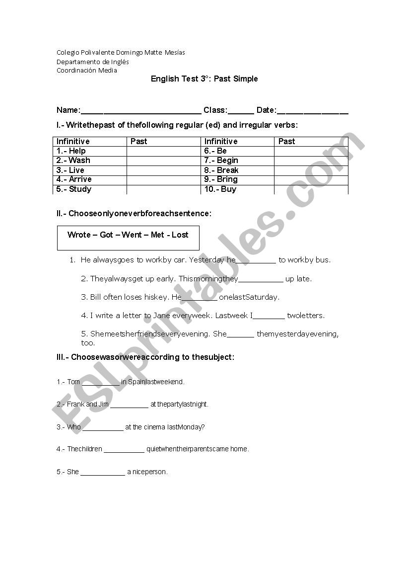 past simple test worksheet