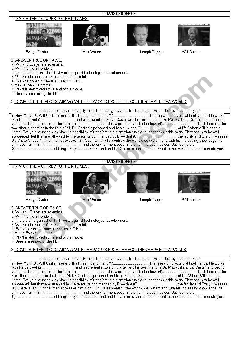 TRANSCENDENCE - MOVIE worksheet