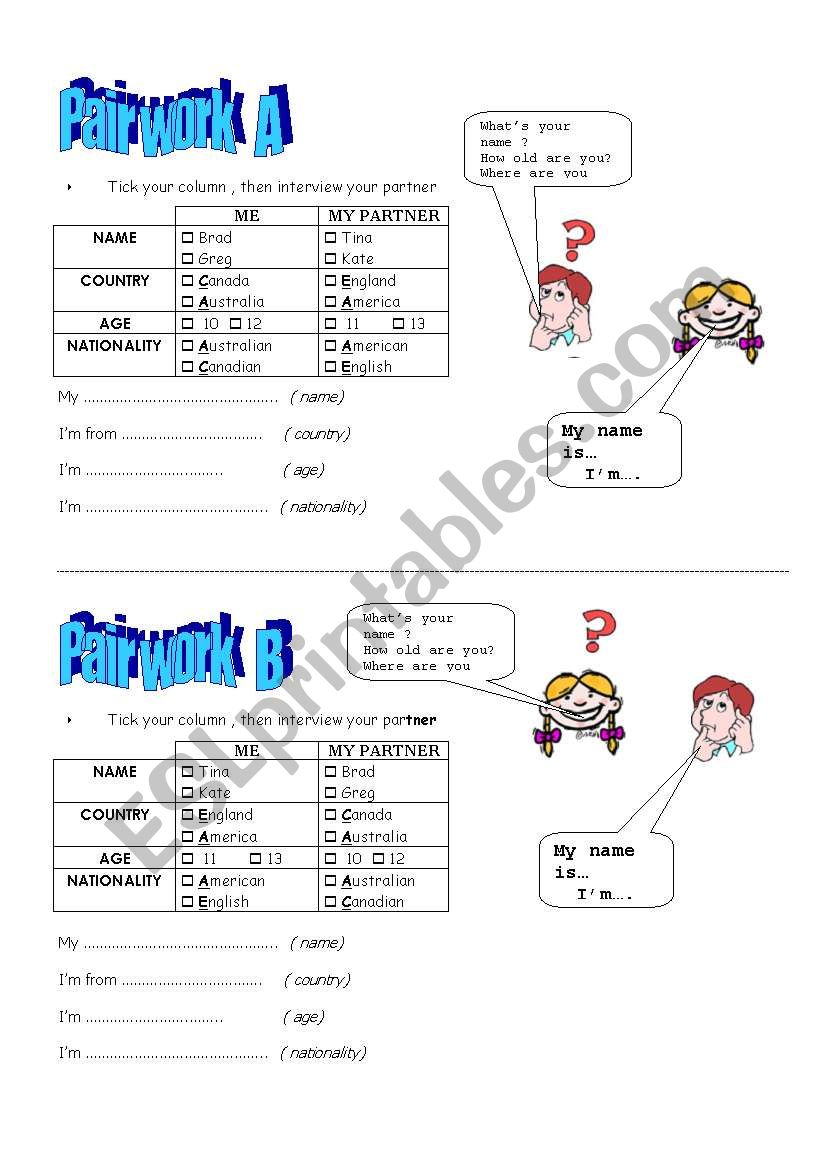 pair work introduce yourself worksheet