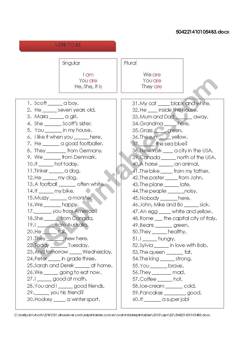 VERB TO BE worksheet