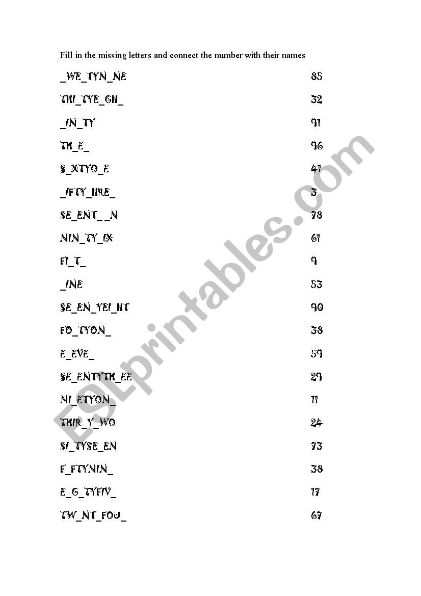 Work sheet fill in gap numbers 3