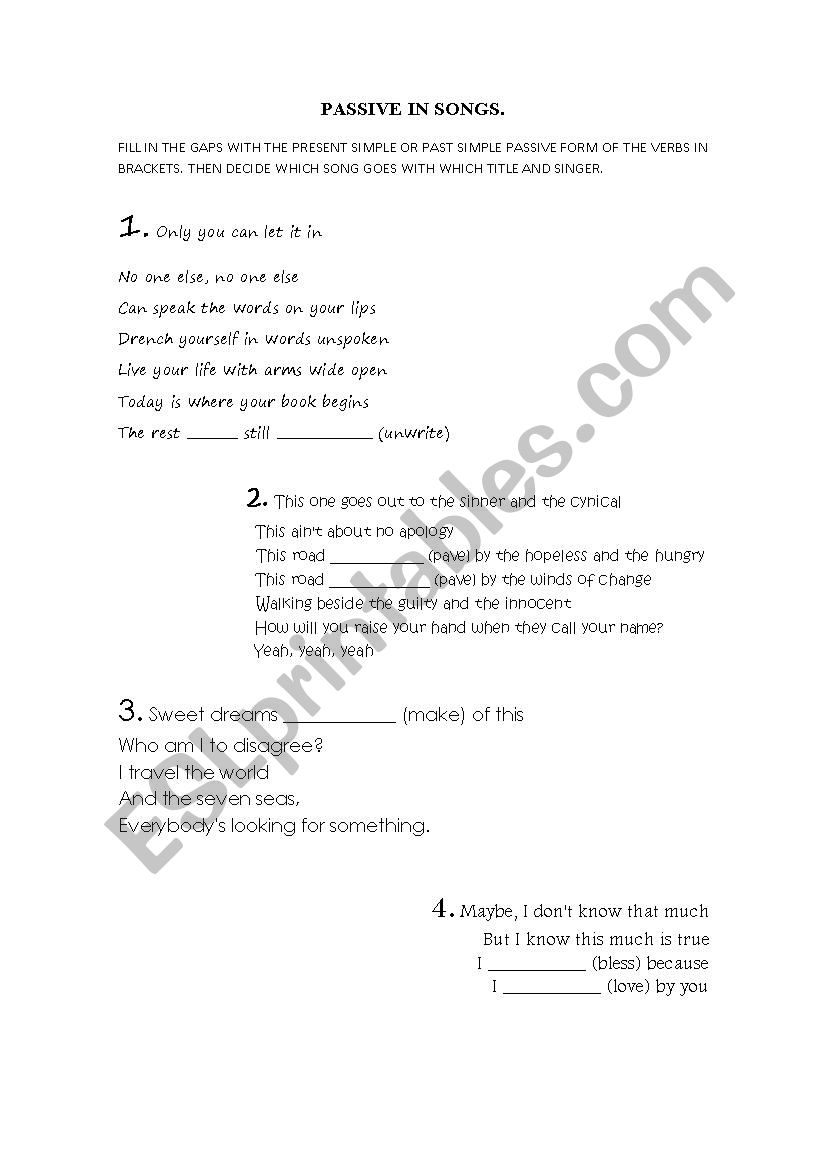 Passive in songs worksheet