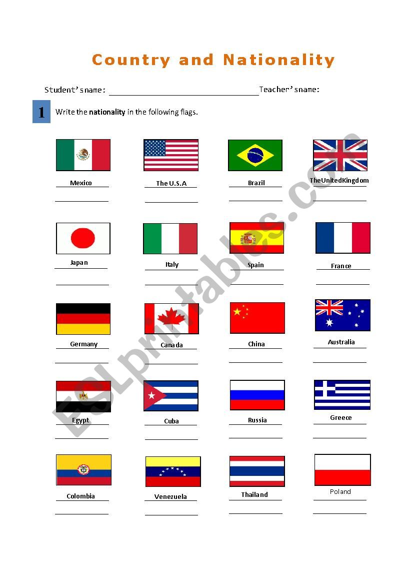 nationality  worksheet