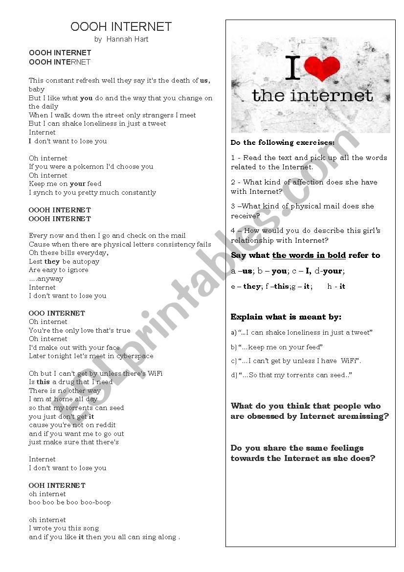 OOH, INTERNET! A love song worksheet