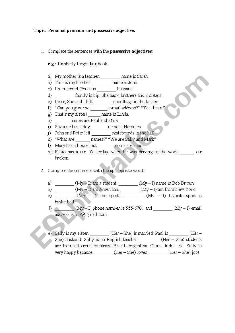 Activity about personal pronoun and possessive adjective