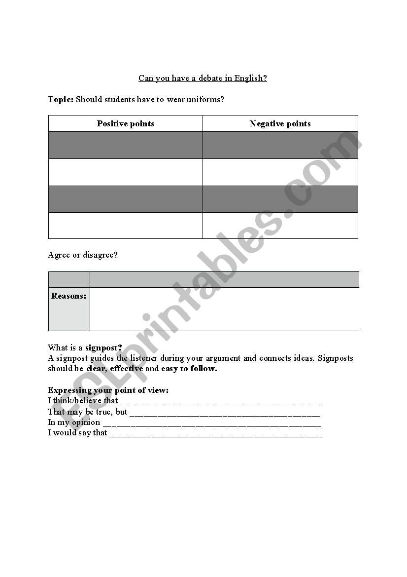 debate introduction worksheet