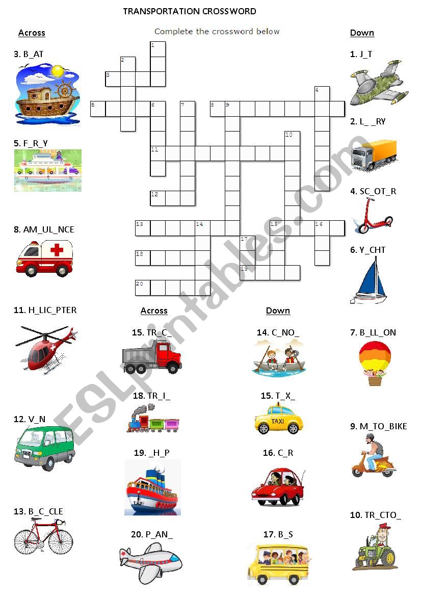 TRANSPORTATION CROSSWORD worksheet