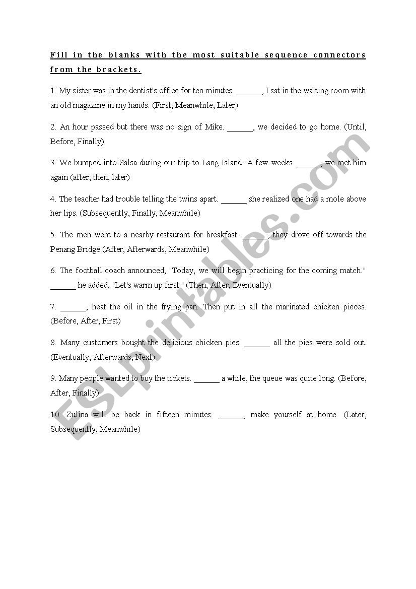 sequence connectors worksheet