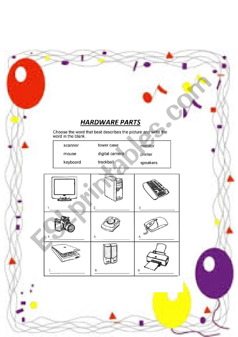 Hardware Parts worksheet