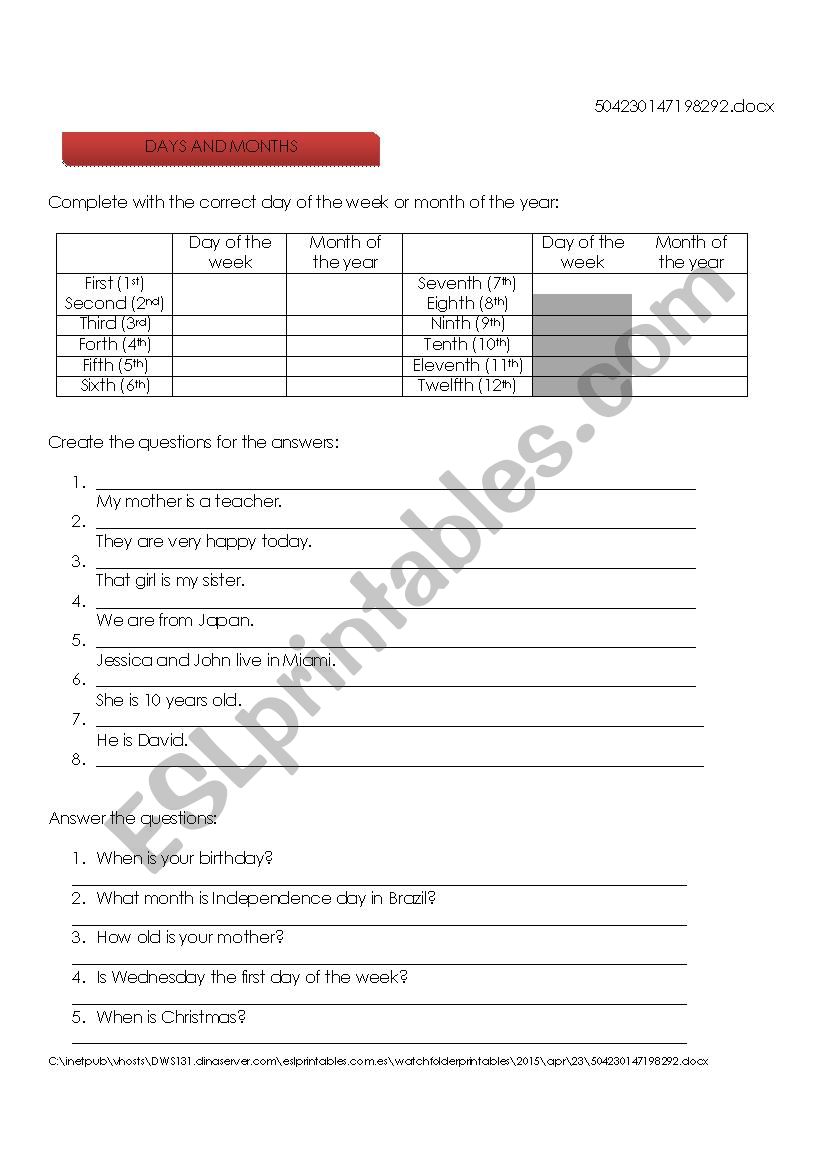 Days of the Week and Months worksheet