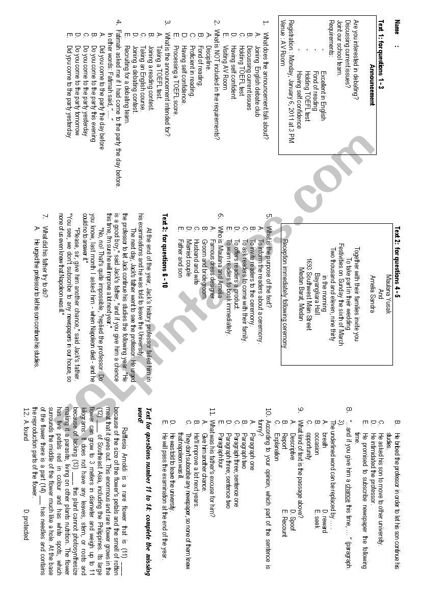 Test For Senior High School worksheet