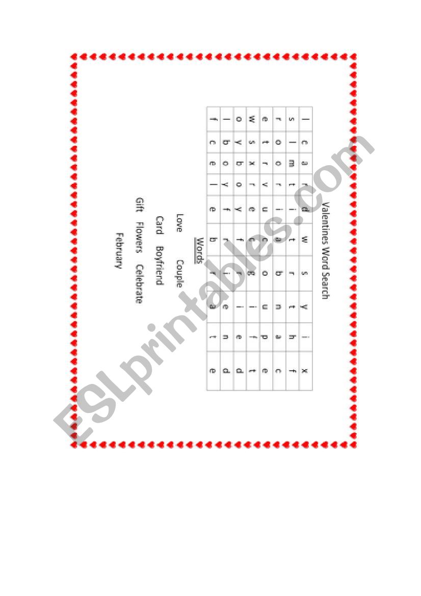 Valentine wordsearch worksheet
