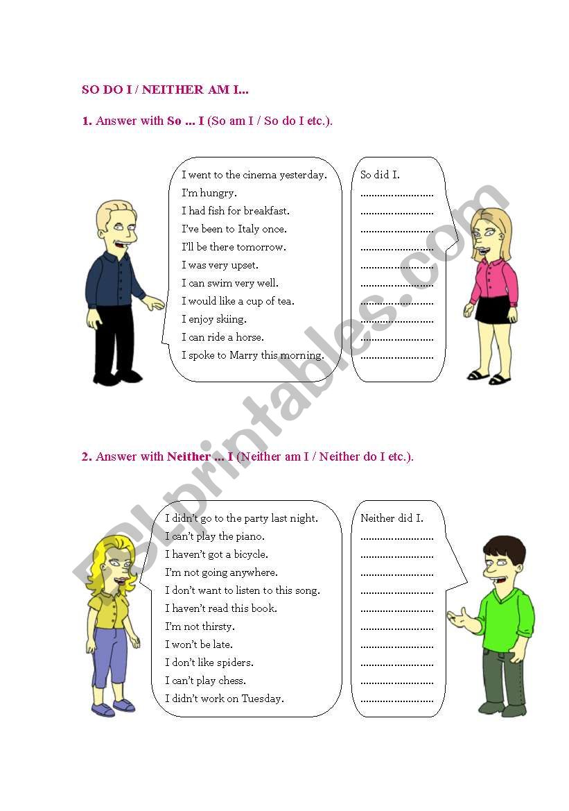 So Do I / Neither Am I etc. worksheet