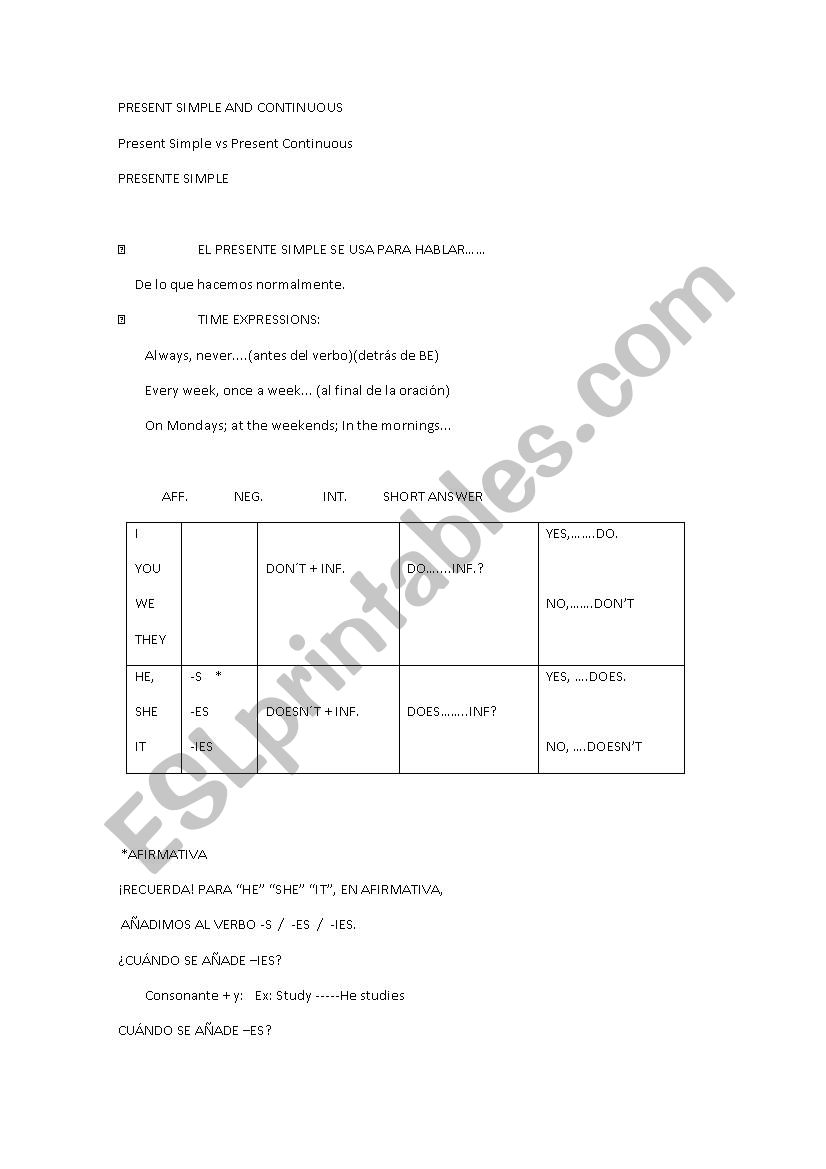 simple and continuous worksheet